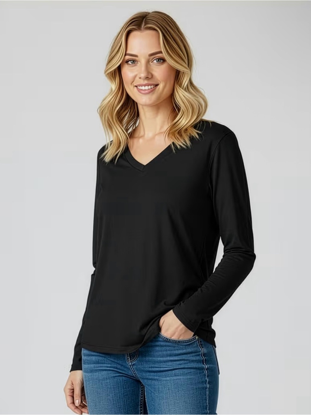 Boutique Black Long Sleeve V-Neck Stretch Knit Top Curved Hem Size Small